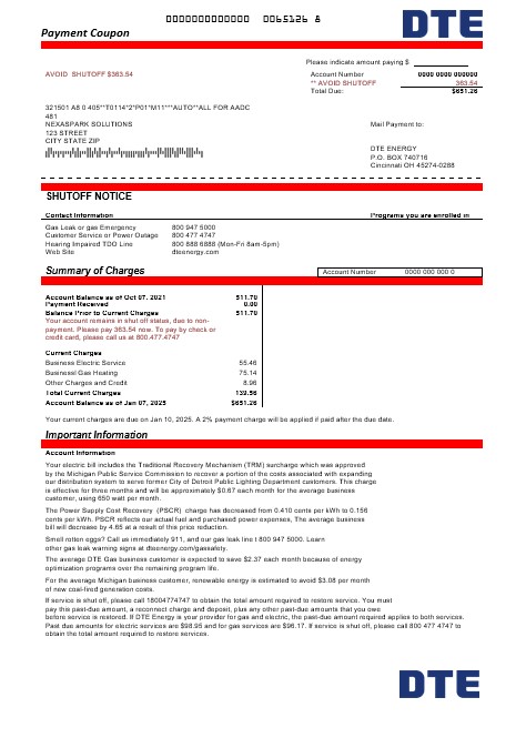USA Michigan DTE Energy business utility bill template in Word and PDF formats
